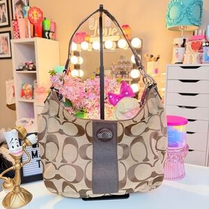 Coach Signature Stripe Jacquard Hobo (Style F1928) Khaki/Brown Y2K